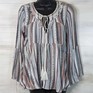 Striped Flowy Hippie Boho Indie Loose Fit Cropped Top w/ Beaded Neckline Size S